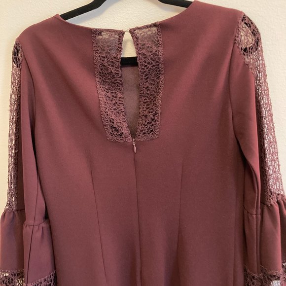 Antonio Melani Shift Dress Burgundy Sz 4 w/Lace Details Bell Sleeves Minimalist - Picture 8 of 13